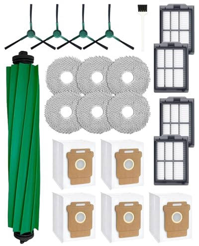 iRobacc 21 Stück Zubehörsets für iRobot Roomba Plus 405/505 Combo Robot Staubsauger: 1 Hauptbürste, 4 Seitenbürsten, 4 HEPA Filter, 5 Staubsaugerbeutel, 6 Wischtücher, 1 Bürste