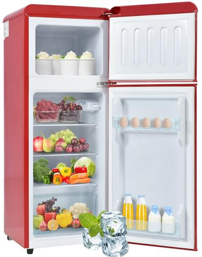 Refrigerador retro para apartamentos con congelador superior: 2 puertas con 92 L de capacidad, estantes ajustables antiderrames, compartimentos en la puerta y para verduras,Red