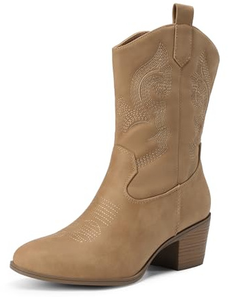 DREAM PAIRS cowboystövlar för kvinnor, cowgirlstövlar i mitten av vaden med broderi, rund tå, västerländsk tjocka lågklackade skor | 5,6 cm kubansk häl, intrikat broderi, TPR, 4 mm latex, året runt