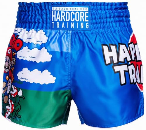 Hardcore Training Muay Thai Men Shorts Japanese Cortoon Kick Boxing MMA Combat Trunks Cage Fightm Sport Sparring (US, Alpha, Medium, Regular, Regular, Blue)