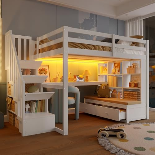 Sapgaks Lit Superposé Enfant 140x200 avec Bureau et étagères, Lit Cabane Enfants 140x200 avec Escalier de Rangement et 2 Tiroirs Intégrés, Lit Mezzanine 1 Place avec Barriere en Bois, Blanc
