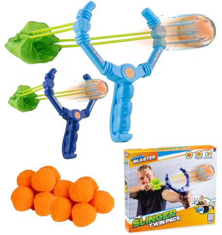 Aqua Blaster Lot de 2 lanceurs d'eau d'extérieur pour enfants, comprend 2 lance-pierres et 12 balles en coton doux, jeux d'eau d'été, jouet de fête de jardin, jeu de catapulte amusant pour deux