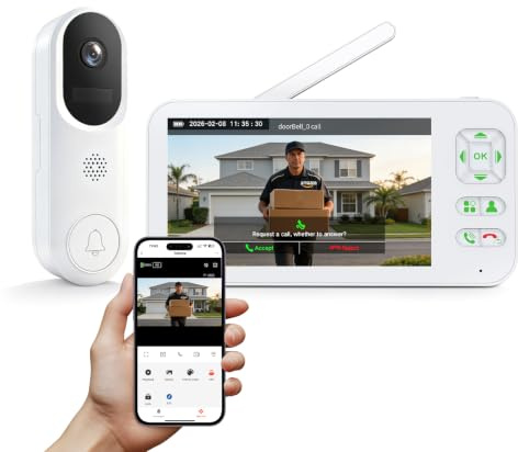 XPJ Visiophone Sonnette sans Fil avec Camera et 5 Ecran Moniteur, Interphone Vidéo Connecté WiFi 1080P, Stockage Local, PIR Détection de Mouvement, Audio Bidirectionnel, Vision Nocturne, Tuya APP