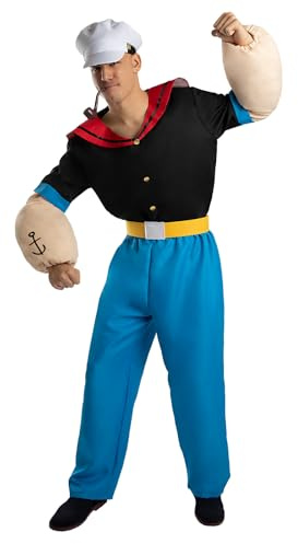Funidelia Disfraz Oficial de Popeye para hombre, Incluye camisa con cuello, brazos acolchados, cinturón, pantalón y gorra - Traje para adultos para fiestas, Carnaval y Halloween - Talla M