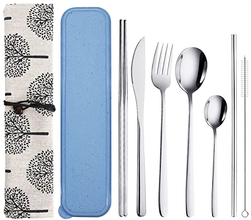 9 Piezas de Cubiertos para Ilevar con Estuche, QLFJ-FurDec Utensilios de Cubiertos Camping acero Inoxidable Reutilizables con Cuchillo, Tenedor, Cuchara, Palillos, Cepillo de Iimpieza, Pajitas