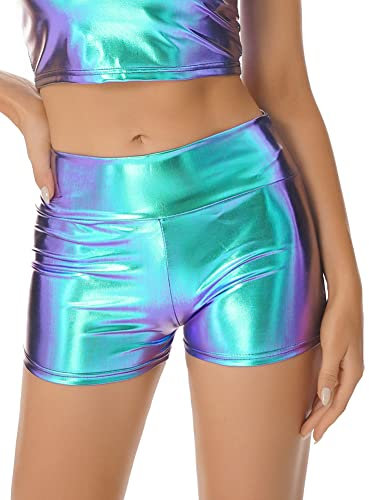 CHICTRY Metallic Hotpants Damen Glänzende Shorts Mit Hoher Taille Eng Anliegende Kurze Hose Für Tanz Sport Disco Fasching Karneval Kostüm Blau&Lila A M