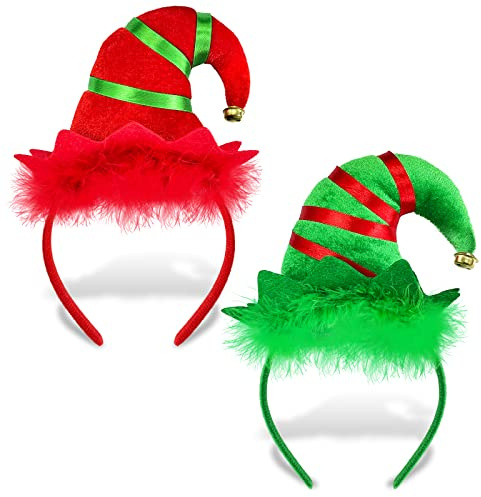 Bnikion 2 Pack Elf Headband Elf Hat Christmas Elf Headband with Jingle Bells Christmas Headwear Elf Accessories for Kids Adults Women
