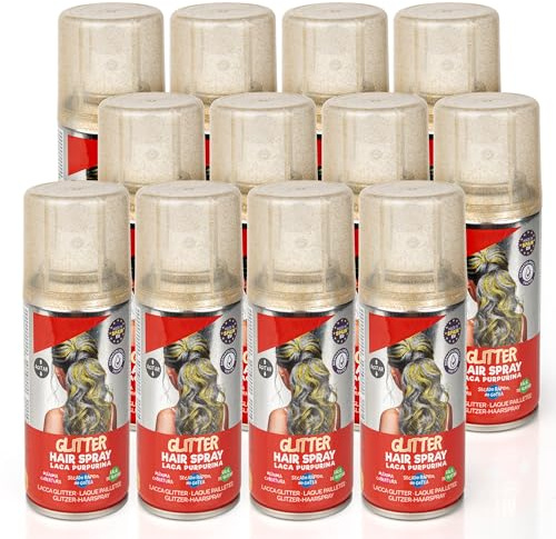 Pack 12 Laca de Pelo Color Oro Purpurina 100ml - Spray Colores para Cabello Rápida coloración, Lavable