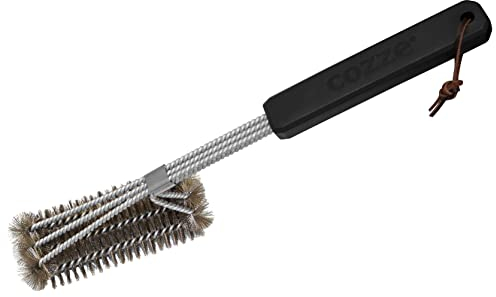 cozze® Spazzola per Barbecue in Acciaio Inox 40 cm – Manico in PP Nero con Laccetto in Pelle – Pulizia Griglia Antigrasso – Certificata LFGB e CSA Z630-19