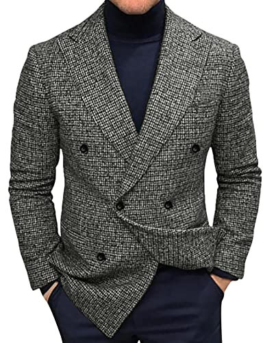 Blazer herr, grå, rutig, kostym, normal passform, tweed-kavaj, män, engelsk kostymjacka, vintage, elegant, dubbelknäppt, jackor, fritid, affärer, kavajjacka för män, bröllop, affärer, fest, jackor,