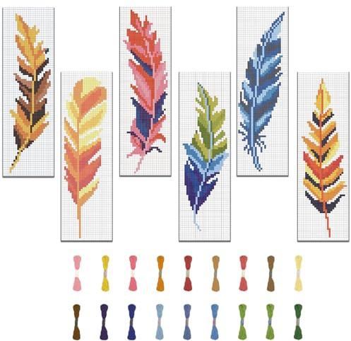 FREEBLOSS Juego de 6 marcapáginas, punto de cruz, diseño de plumas, juego de bordado para principiantes