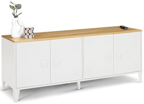 IDMarket - Buffet Bas 140 cm Ester 4 Portes métal Blanc Plateau Bois Design Industriel