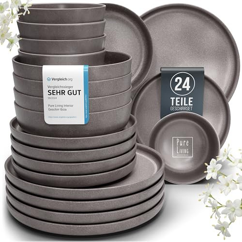 Steingut Geschirrset 6 Pers. 24-tlg Hochwertiges Urban Style TEST SEHR GUT Steingut Geschirr Set - Schüssel- und Teller Set - Tafelservice 6 Personen Geschirrsets Pure Living in matt Grau-braun