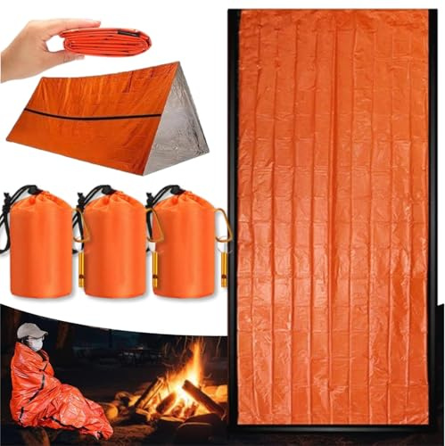 Lot de 3 sacs de couchage d'urgence avec sifflet, sac de survie d'urgence, léger, sac de couchage d'urgence, sac de bivouac imperméable et thermique pour camping, randonnée (3 pièces + sifflet)