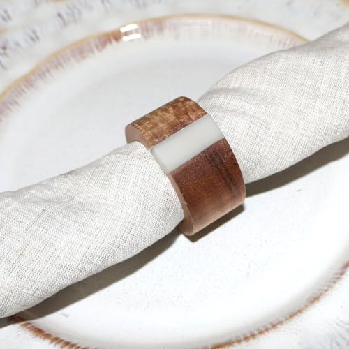 Wooden Napkin Rings Set of 8 for Dinning Table Decor - Acacia Wood Resin Napkin Holde for Cloth Napkin (Round Shape,Ivory Color)