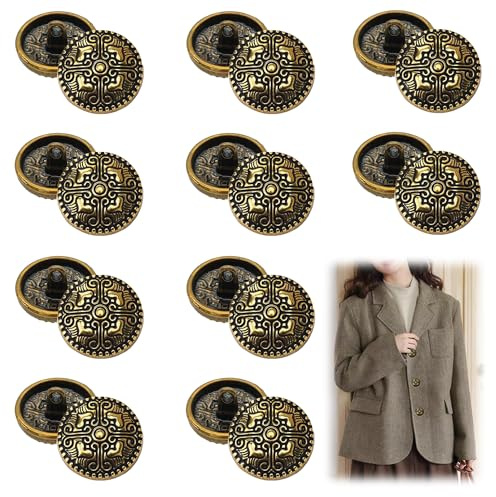 XCSJ 20 stycken knappar, metall, vintage, metallknappar, öglor, vintage, antika kavajknappar, runda metallknappar för kappa, kavaj, skjorta, jacka, uniform (gammalt guld)