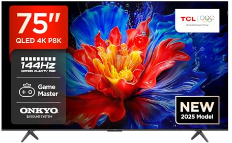 TCL 75P8K-UK 75 4K 144Hz Gaming QLED Onkyo 2.1 Dolby Atmos Google TV with Dolby Vision & HDR 10+