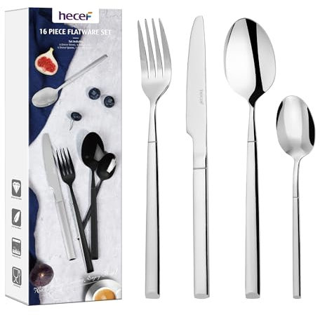 hecef Besteck Set 4 Personen, 16-teilig Essbesteck Set aus 18/0 Edelstahl, Spülmaschinenfest and Rostfrei Tafelbesteck, inkl. Messer, Gabel, Löffel, Ergonomisches Design Besteckset, Silber