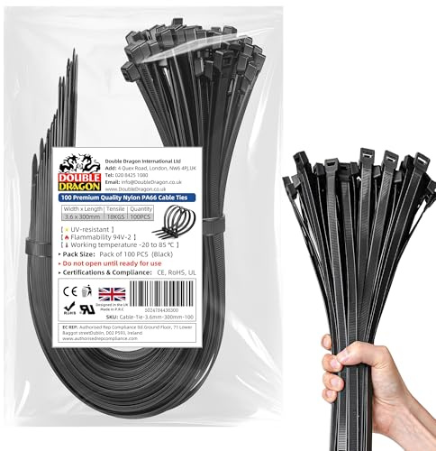 Double Dragon 3.6 mm × 300 mm Heavy‑Duty PA66 Nylon Cable Ties – 100 Pack | 18 kg (40 lb) Tensile Strength | UV‑ & Weather‑Resistant Self‑Locking Zip Ties | CE • RoHS • UL