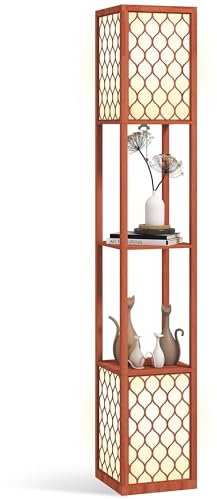 HOMCOM Floor Lamp with Shelves, Modern Tall Standing Lamps with Fabric Lampshade, Chain Switch and Dual Light for Living Room, Bedroom, Bulb not Included, Brown