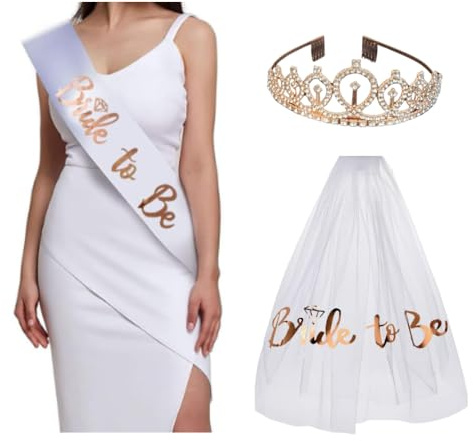 WIIKKOPM Hen Do Bride to Be Sash Veil Tiara Headband Set White and Rose Gold Bridal Bachelorette Shower Party Accessories for Women