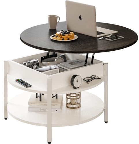 Mossora Round Lift Top Coffee Table with Storage and Hidden Compartment, 68cm Farmhouse Coffee Tables for Living Room Reception Room, 2 Tier Small Round Center Table Circle Dining Table, White