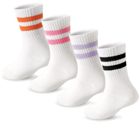 DRESHOW Calcetines Niñas Calcetines Deporte Niña con Corazones Rayas 4 Pares para Niños 7-10 Años
