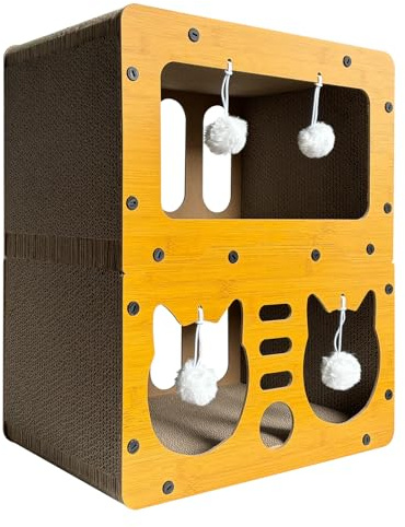 QUTUNI Cardboard Cat House, 2-Tier Large Cardboard Cat Scratcher House with Toys for Indoor Small Cats
