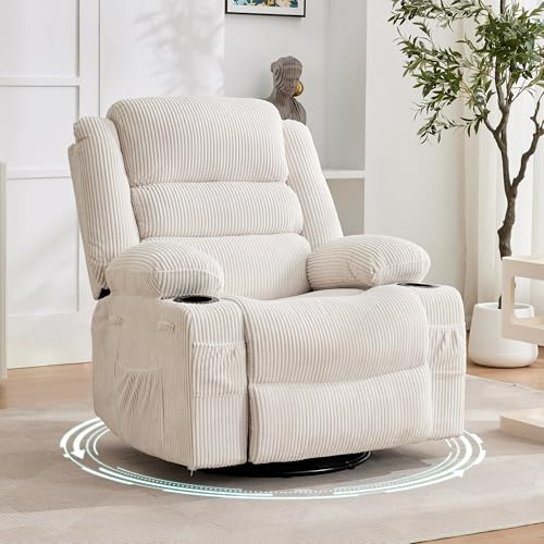 Rocking Recliner Chair for Adults, Oversized 360° Swivel Rocker Recliner with Cup Holder, Nursery Glider with Upholstered Deep Seat Corduroy Comfy Single Sofa for Living Room
