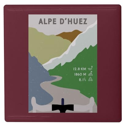 Fyrkantig keramisk kylmagnet - Alpe d'Huez cykling Frankrike berg torn - format 5 x 5 cm, dekorativ magnet souvenir för kylskåp och magnetisk tavla, tryckt i Frankrike
