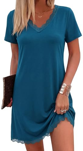 Bresdk Chemise de Nuit Femme Manches Courtes avec Dentelle et col V Chemise Nuit Confortable et Respirante pour Femme