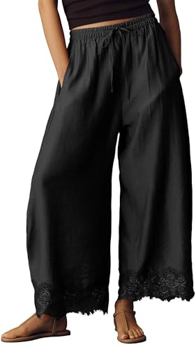GTLIAE Womens Cropped Lace Hem Pants Flowy Wide Leg Casual Beach Trousers | Loose Lace Trim Balloon Pant, Drawstring Elastic High Waist, Pocket, Lightweight Comfy for Summer Vacation, Spring Daily Wear