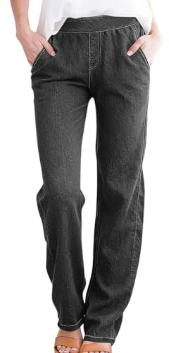 Snugik Jeansbyxor för kvinnor UK hög midja raka ben jeans med elastisk midja bekväma lediga lösa säckiga byxor med fickor för kontor daglig användning och utflykter, storlekar S-3Xl