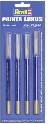 Revell Pinsel-Set I 4-teilig I Modellbau Pinsel in Gold, Blau, Braun I Ideal für Detailarbeit I Verschiedene Größen I Perfekt für präzises Bemalen von Modellen