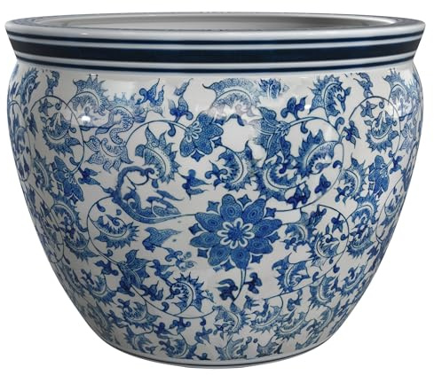 Red Lantern 16 Floral Blue & White Porcelain Fishbowl Planter