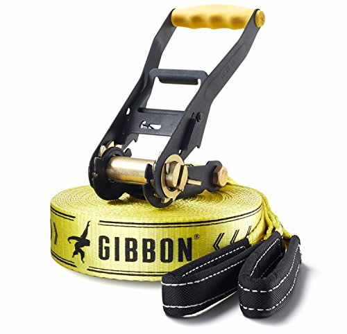 Gibbon Slacklines Classic Line, Gelb, 15 Meter (12,5m Band + 2,5m Ratschenband), inkl. Ratschenschutz, Breite 2/5cm