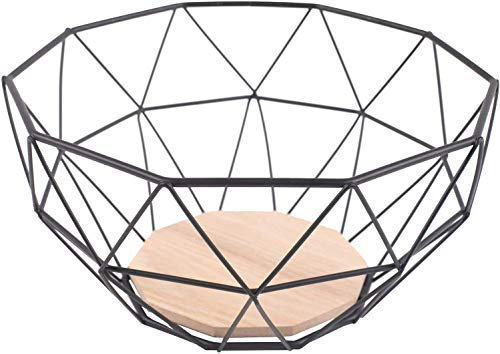 Wire Fruit Basket for Kitchen Countertop - Geometric Design, Lightweight Wood Base Bowl Holder for Fruits and Vegetables