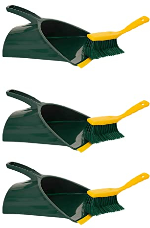 Novaliv 3X Kehrgarnitur Jumbo Krallengarnitur 2-TLG Set Kunststoff Grün Gelb Gebogene Borsten Kehrset Kehrschaufel Handfeger (Kehrgarnitur Krallenfeger, 3)