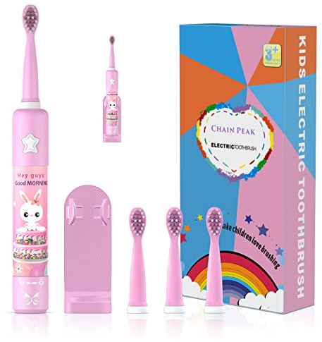 Musikalische Elektrische Zahnbürste für Kinder, Wiederaufladbare Intelligent Karikatur Zahnbürste für Kinder Alter 3-12 mit 2 Minuten Timer,3 Modi, 4 Bürstenköpfe(Rosa)