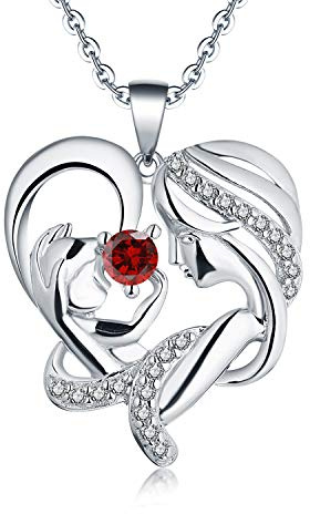 JO WISDOM Collana Mamma e Figlia Nel Cuore Argento 925 AAA Zirconia Cubica Gennaio Birthstone Colore Granato Donna,Regalo per la mamma