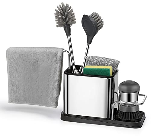 Kitchen Sink Caddy Organiser with Washing Up Brush - Sink Tidy Organiser with Drip Tray - Kitchen Sink Organiser Sponge Holder – Kitchen Cleaning Utensil & Cloth Holder