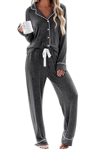 Ekouaer Nightwear Women's Long Sleeve Sleepwear Button Down Night Set with Pjs Lounge Pants (Dark Grey,L)