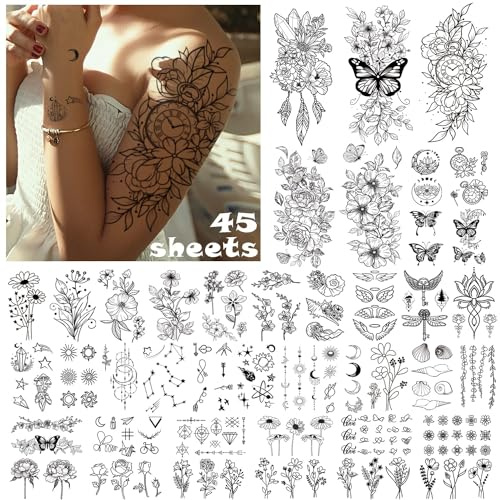 Acevegue 45 Hojas Tatuajes Temporales Adultos Personalizado, 3D Tatuajes Falsos Calcomanias Realista, Tatoos Temporales Adultos Impermeable