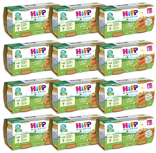 HiPP - Omogeneizzato Biologico per Neonati, Gusto Carote e Ceci, Fonte di Proteine Vegetali, 24 Vasetti da 80 gr