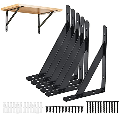 TMBMLPP Regalhalterung, 6 Stück Regalträger, Regalwinkel Schwarz Metall, Wandhalterung Regal, Regal Winkelträger, Winkel Regal, Schwerlastkonsole mit Schrauben, Winkel Schwarz für Wandmontage