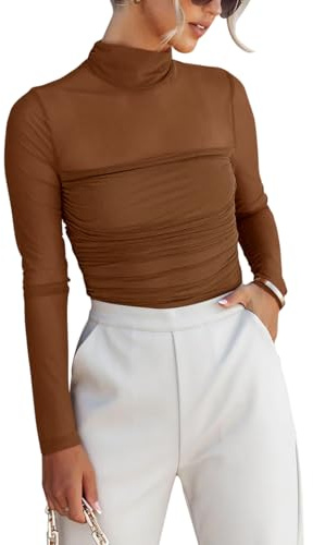 REORIA Women’s Fall Sexy Mock Turtle Neck Long Sleeve Sheer Mesh Slim Fit Ruched Trendy Going Out Leotard Bodysuits Tops Brown Medium