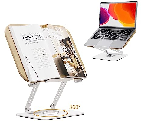 POLESTO Buchständer zum Lesen, Verstellbarer Buchhalter mit 360° Drehfuß, Faltbarer Kochbuchständer Rezeptbuchhalter praktischer drehbarer Displayständer für Notenblätter, schwerere Bücher, Laptop