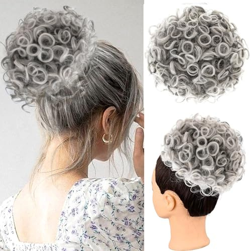 PORSMEER Chignon Finto per Capelli Coda di Cavallo Ricci per donne grigio Coda Capelli Extension con Coulisse Posticci Extension capelli ricci coda di cavallo in acconciatura