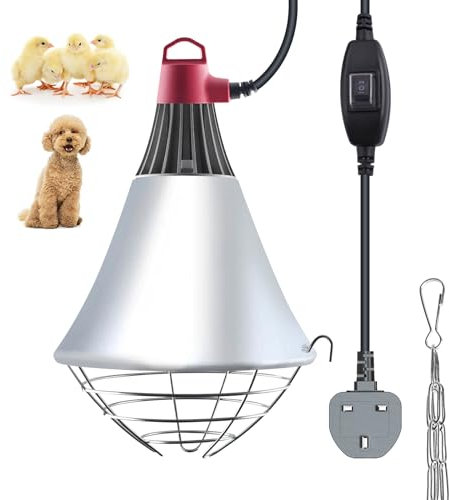 GlowUp 250W Poultry Heat Lamp for Chicks, Infrared Heat Lamp Holder 2 Modes Hign/Low Switch with 2m Wire UK Plug Poultry Heating Lampshade for Kennel Chicks Piggery (No Bulb!)