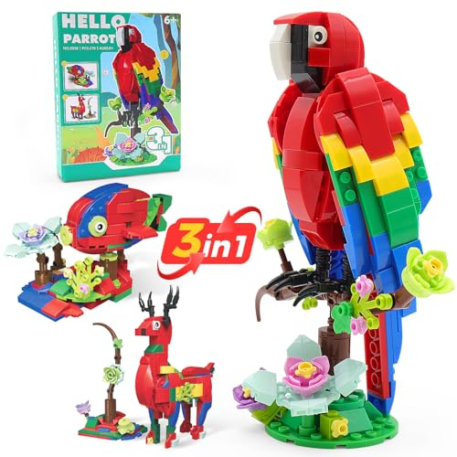 HIUME Blumen Papagei 3-in-1 Tiere Klemmbausteine Set, Bonsai Pflanzen Bouquet Bausteine, Kreatives Spielzeug für Kinder und Erwachsene, Creator Bausatz mit Elch & Tropischem Fisch